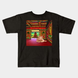 Eckhart Tolle Zen Master Cat Laying in a Thailand Temple Kids T-Shirt